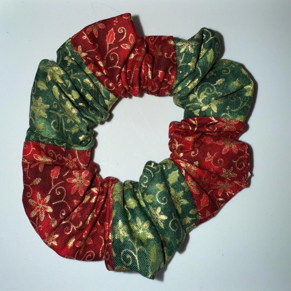 Christmas Patchwork Red, Green, Gold Hair Scrunchie,‎ Holiday, Floral Hair Tie